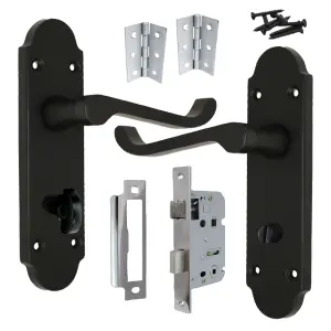 Epsom Door Handle Bathroom Lock Scroll Lever - Matt Black Chrome Pack Hinges