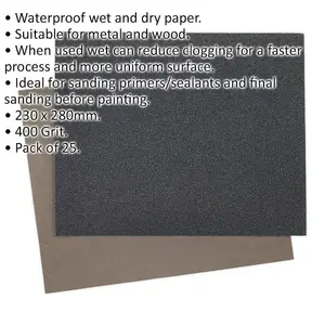 25 Pack Waterproof Wet and Dry Abrasive Sand Paper - 230 x 280mm - 400 Grit for Metal and Wood