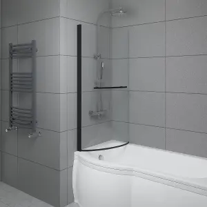 SunDaze 6mm Toughened Safety Glass Curved P Shaped Shower Bath Screen with Towel Rail- 1400x715mm Black