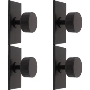 4 PACK - Reeded Radio Cabinet Door Knob & Matching Backplate Lined Matt Black 76 x 40mm