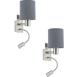 2 PACK Wall Light Colour Satin Nickel Shade Grey Fabric E27 LED 1x40W 1x3.5W