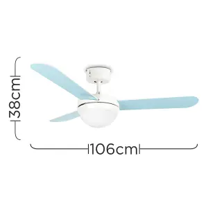 ValueLights 42" Duck Egg Blue Reversible Blade Ceiling Fan With Frosted Shade And Remote Control