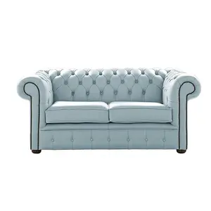 Chesterfield 2 Seater Shelly Parlour Blue Leather Sofa Settee Bespoke In Classic Style