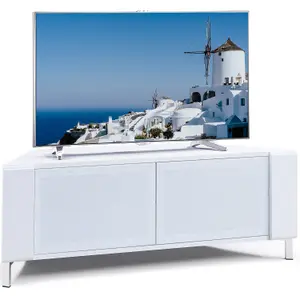 MDA Designs CORVUS Corner-Friendly White Cabinet with BeamThru Glass Doors for Flat Screen TVs up to 50"