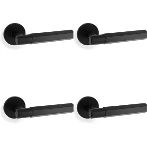 4 PACK - SOLID BRASS Hex Door Handle Set - Matt Black Industrial Lever Round Rose