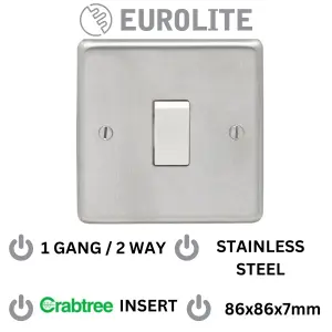 Light Switch 1 Gang 10A 2 Way - Round Edge Satin Stainless Steel Plate with White Rocker (5 Pack) Crabtree Insert