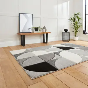 Grey Black Modern Easy to Clean Geometric Abstarct Rug For Dining Room-120cm X 170cm