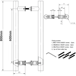 EAI Guardsman Back To Back Entrance Inline Pull Handles - 800 x 32mm x1.2mm - Satin Stainless Steel