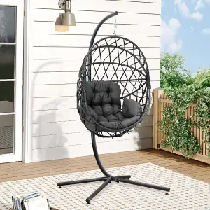 Dark Grey Foldable 1 Seater Rattan Egg Swing Chair Garden Relaxing Hanging Chair with Metal Stand and Cushion