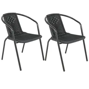 Set of 2 Black Vintage Style Stacking Rattan Patio Garden Chairs Outdoor Armchairs with Metal Frame