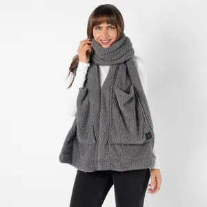 OHS Teddy Fleece Scarf Long Heated Pockets Warm Wrap Shawl, Charcoal - One Size