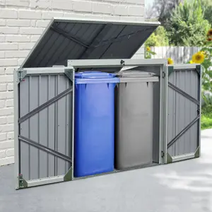 Outsunny 2-Bin Corrugated Steel Rubbish Storage Shed w/ Locking Doors Lid Unit