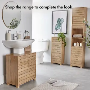 VonHaus Under Sink Bathroom Cabinet, Oak Wood Effect Bathroom Sink Cupboard, 2 Shelf Freestanding Under Basin Cabinet for Bathroom