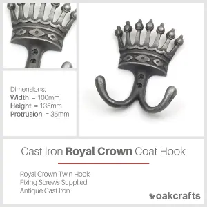 Oakcrafts - Antique Cast Iron Vintage Style Royal Crown Twin Coat Hook - 100mm x 135mm