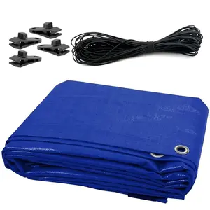 3 x 4 m Tarpaulin Waterproof Cover Ground Sheet Camping with 4 Tarp Clips + 10m / 30ft Bungee Cord (Blue - 55GSM)