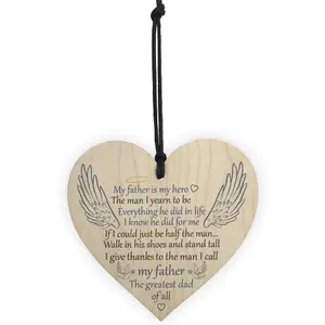 Red Ocean Father Is My Hero Memorial Wooden Hanging Heart Grave Plaque Sign Angel Wings