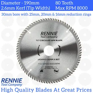 190mm x 80T TCT Circular Wood Saw Blade. Fits Bosch Makita Ryobi Dewalt Circular Saws Etc