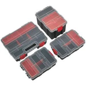 4 Pack Stackable Tool Storage Cases - Durable Black and Red Organization Boxes