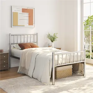 Yaheetech Silver 3ft Single Metal Bed Frame with Slatted Headboard and Footboard