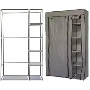 Single Grey Fabric Canvas Wardrobe With Hanging Rail Shelving Clothes Storage