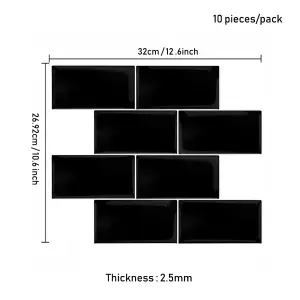 Peel and Stick Self-Adhesive Wall Tile Stickers Backsplash (10 Pack, 12x12 Inches, T 2.5mm, Black)