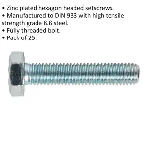 25 Pack M10 x 50mm Zinc Plated HT Setscrews - Grade 8.8 Fully Threaded DIN 933