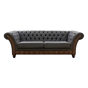 Chesterfield 3 Seater Sofa Antique Autumn Tan Leather Marinello Pewter Fabric In Jepson Style