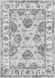 Grey Bordered Floral Rug For Bedroom, & Living Room, 7mm Thick Stain-Resistant Traditional Rug - 120cm X 160cm