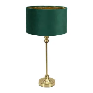 ValueLights Maggie Gold Candlestick Table Lamp with Forest Green Velvet with Gold Inner Lamp Shade