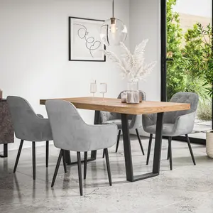 Aria Dining Table And Chairs -  Oak Effect Table Top w Black Legs + Anika Velvet Dining Chair Set Of 6 (Grey)