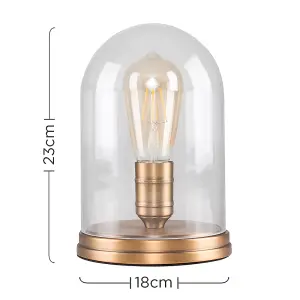 ValueLights Aged Brass Effect Metal Base and Clear Glass Dome Table Lamp With LED Amber Tinted Squirrel Cage Light Bulb