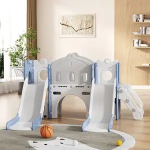 Toddler Swing and Slide Playset Basketball Hoop Blue&Grey 221cm W x 185cm D x 106cm H