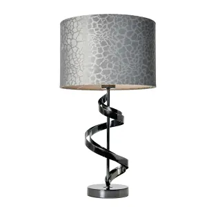 Litecraft Spiral Black Table Lamp with Grey Giraffe Flock Shade