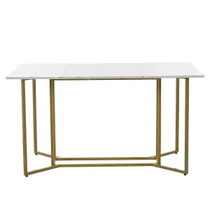 Unique Metal Frame Rectangular Dining Table in Modern Marble Pattern Kitchen Table with Adjustable Feet, White/Golden