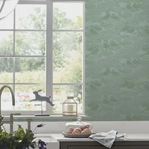 Laura Ashley Swans Sage Green Animal Smooth Wallpaper Sample