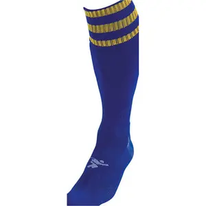 JUNIOR Size 3-6 Pro 3 Stripe Football Socks - ROYAL BLUE/GOLD - Contoured Ankle