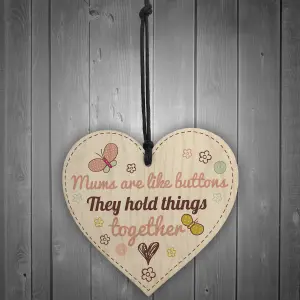 Red Ocean Mums Are Like Buttons Mum Mummy Mother Gift Wooden Hanging Heart Sign Present Love Thank You