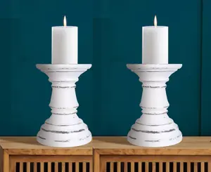 Rustic Antique Carved Wooden Pillar Church Candle Holder White Light, Medium 19cm High