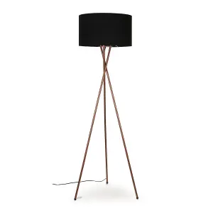 ValueLights Camden Modern Copper Metal Tripod Floor Lamp with Black Cylinder Shade - Includes 6w LED Bulb 3000K Warm White