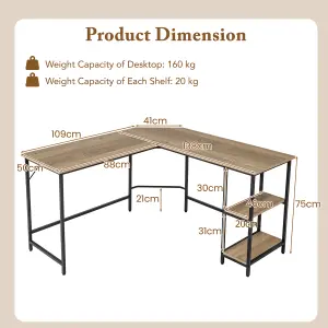 Costway L-Shaped Computer Desk Corner Computer Gaming Desk w/ 2-tier Shelves