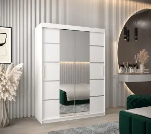 Verona 04 Contemporary 2 Mirrored Sliding Door Wardrobe 5 Shelves 2 Rails White Matt (H)2000mm (W)1500mm (D)620mm