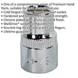 High-Quality 9mm Forged Steel Drive Socket - 3/8 Inch Square Drive with Polished Chrome Finish