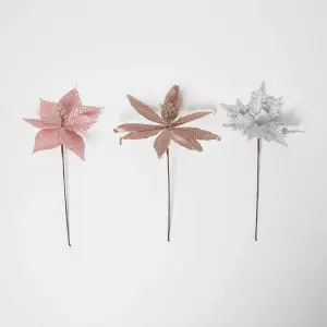 Homescapes Artificial Set of 3 Pink Poinsettia Single Stem Decorations