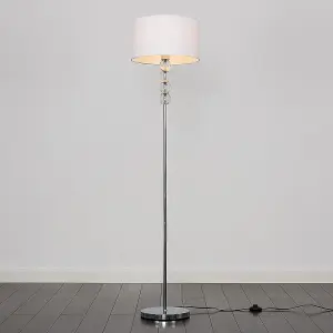 ValueLights Eleanor Chrome & Clear Acrylic Balls Floor Lamp with White Drum Shade - with 6w LED ES E27 Frosted GLS Bulb