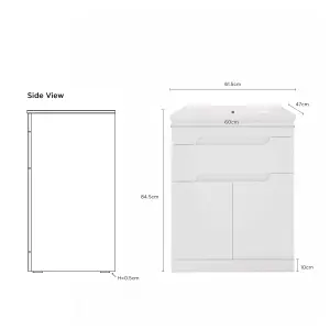 600mm floor standing white bathroom vanity unit with basin and drawers