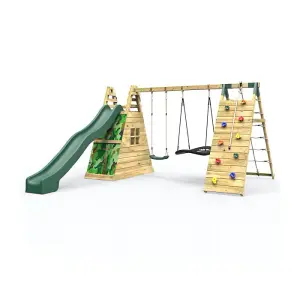 Rebo Wooden Pyramid Climbing Frame with Swings and 8.7ft Water Slide - Rainbow