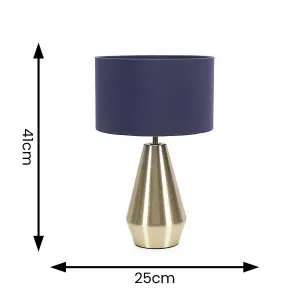 ValueLights Jax Gold Metal Touch Dimmer Table Lamp with Navy Blue Drum Shade