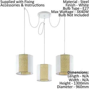 Hanging Ceiling Pendant Light White Seagrass 3x 40W E27 Adjustable Feature Lamp