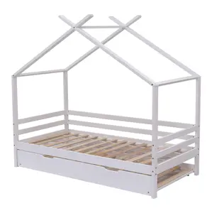 Teddy Kids Childrens Wooden House Treehouse Single Bed Frame With Guest Trundle Bed (White)