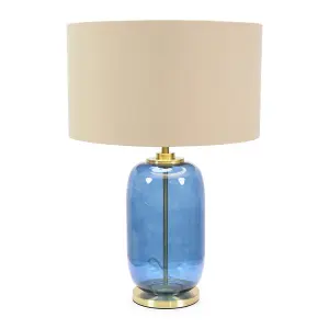 ValueLights Leigh Navy Blue Glass and Gold Detail Table Lamp with Beige/Gold Shade Light - LED Bulb Included